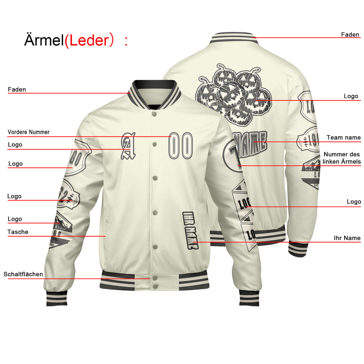 Maßgeschneiderte Weiß Letterman Varsity Jacket Individuelle Stickerei  Druck nach Ihrem Wunsch
