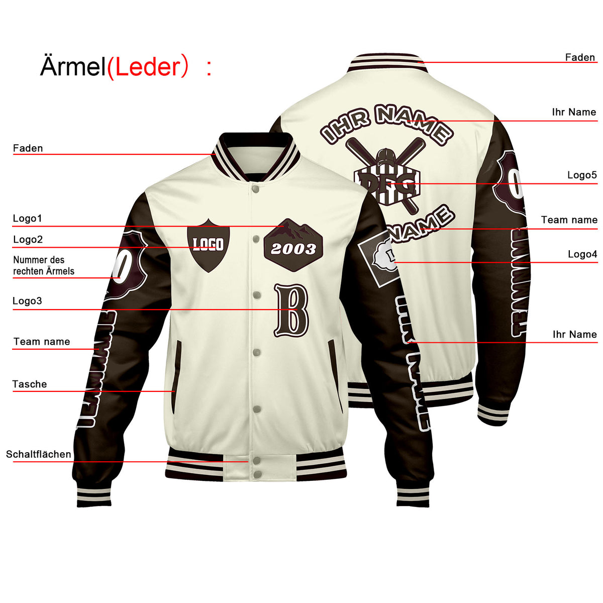Maßgeschneiderte Weiß Braun Letterman Varsity Jacket Individuelle Stickerei  Druck nach Ihrem Wunsch