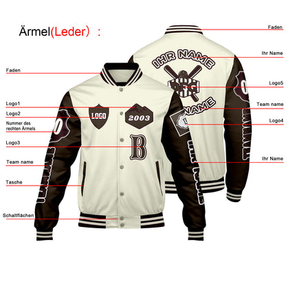 Maßgeschneiderte Weiß Braun Letterman Varsity Jacket Individuelle Stickerei  Druck nach Ihrem Wunsch
