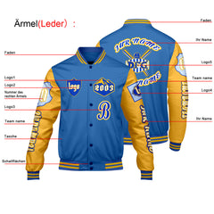 Maßgeschneiderte Blau Gelb Letterman Varsity Jacket Individuelle Stickerei  Druck nach Ihrem Wunsch