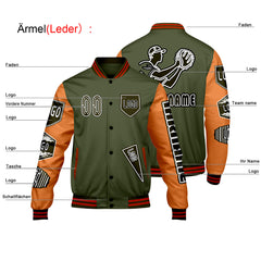 Maßgeschneiderte Olivengrün Orange Letterman Varsity Jacket Individuelle Stickerei  Druck nach Ihrem Wunsch