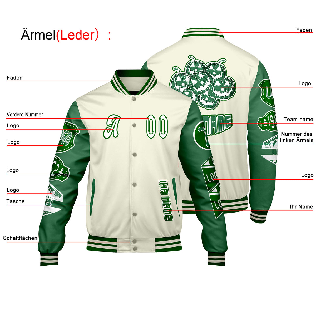 Maßgeschneiderte Weiß Gras Grün Letterman Varsity Jacket Individuelle Stickerei  Druck nach Ihrem Wunsch