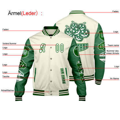 Maßgeschneiderte Weiß Gras Grün Letterman Varsity Jacket Individuelle Stickerei  Druck nach Ihrem Wunsch