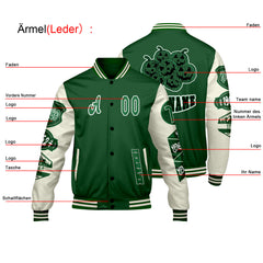 Maßgeschneiderte Grün Weiß Letterman Varsity Jacket Individuelle Stickerei  Druck nach Ihrem Wunsch