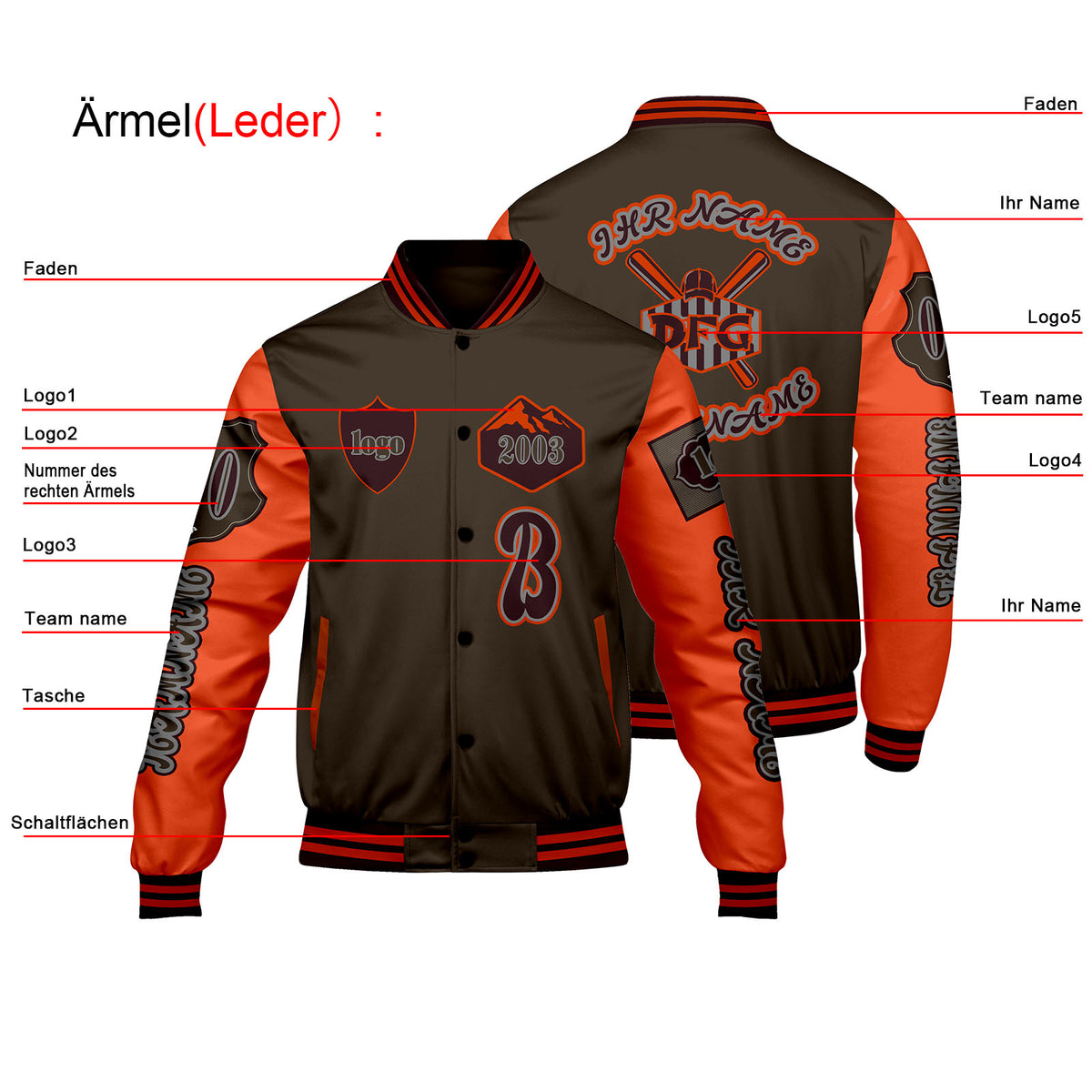 Maßgeschneiderte Braun Orange Letterman Varsity Jacket Individuelle Stickerei  Druck nach Ihrem Wunsch