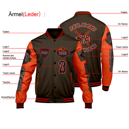 Maßgeschneiderte Braun Orange Letterman Varsity Jacket Individuelle Stickerei  Druck nach Ihrem Wunsch