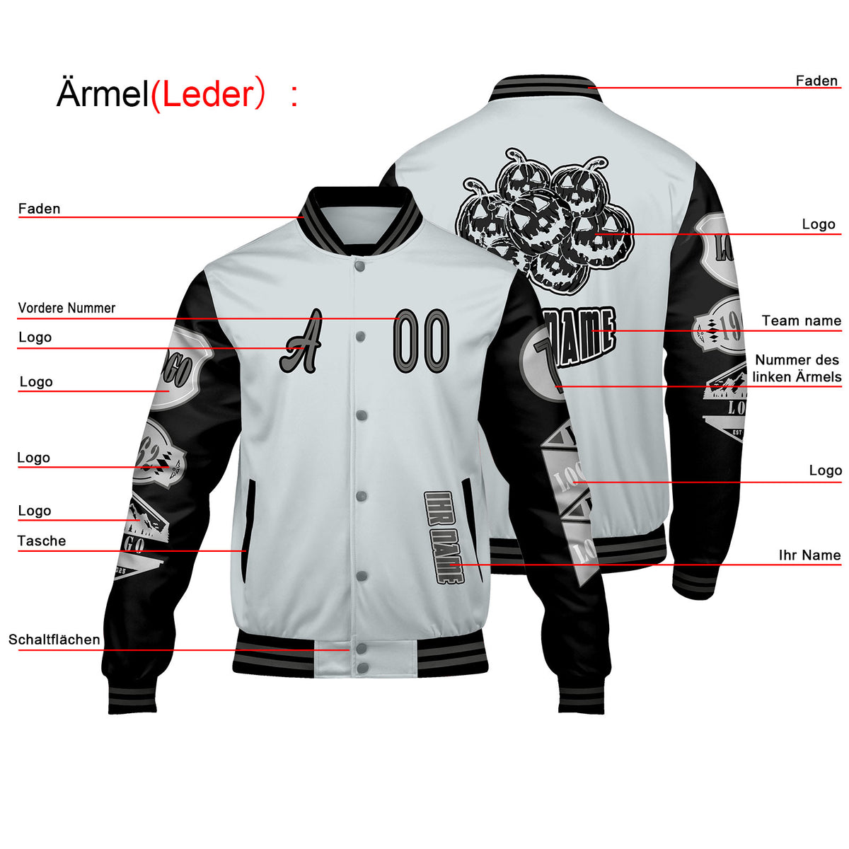 Maßgeschneiderte Grau Schwarz Letterman Varsity Jacket Individuelle Stickerei  Druck nach Ihrem Wunsch