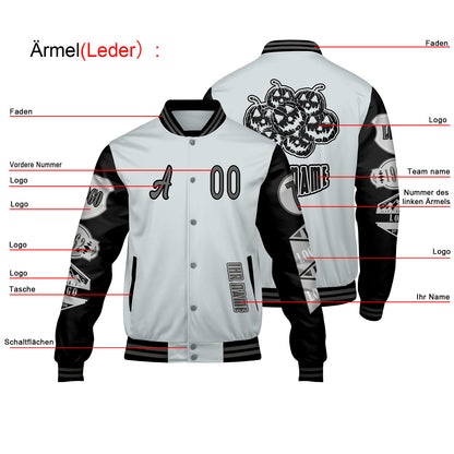 Maßgeschneiderte Grau Schwarz Letterman Varsity Jacket Individuelle Stickerei  Druck nach Ihrem Wunsch