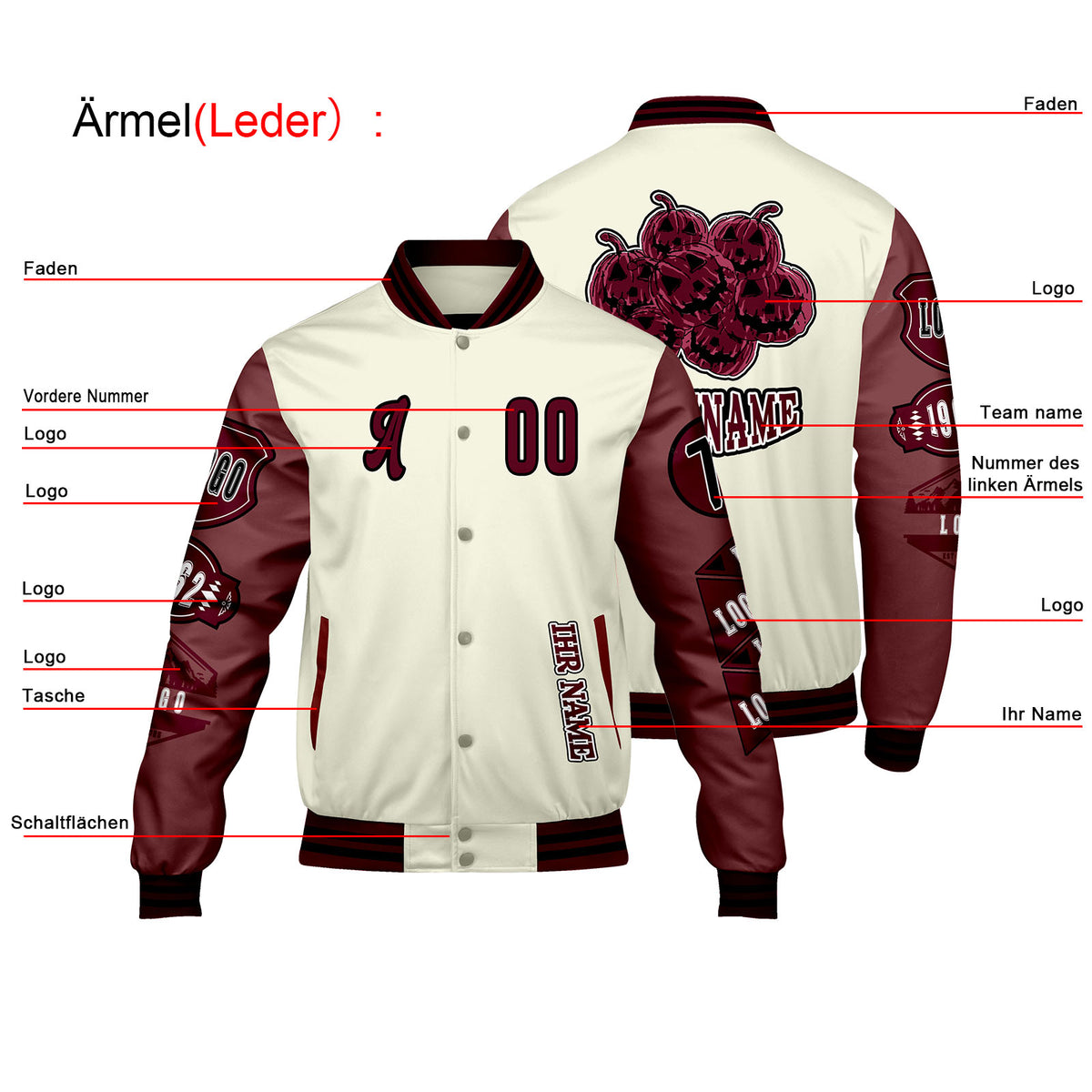 Maßgeschneiderte Weiß Burgund Letterman Varsity Jacket Individuelle Stickerei  Druck nach Ihrem Wunsch