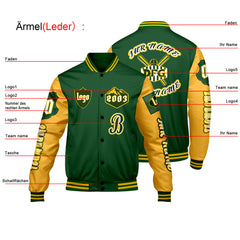 Maßgeschneiderte Grün Gelb Letterman Varsity Jacket Individuelle Stickerei  Druck nach Ihrem Wunsch