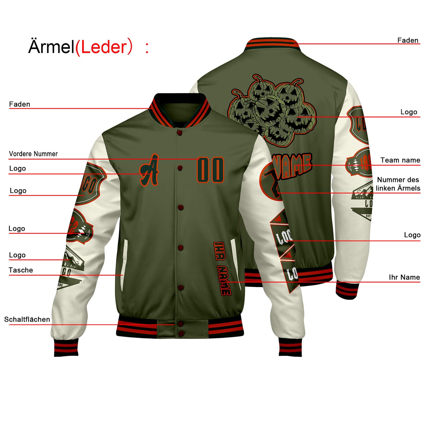 Maßgeschneiderte Olivengrün Weiß Letterman Varsity Jacket Individuelle Stickerei  Druck nach Ihrem Wunsch