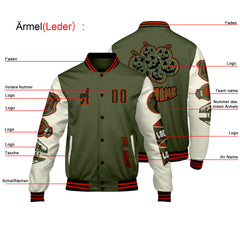 Maßgeschneiderte Olivengrün Weiß Letterman Varsity Jacket Individuelle Stickerei  Druck nach Ihrem Wunsch
