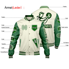 Maßgeschneiderte Weiß Grün Letterman Varsity Jacket Individuelle Stickerei  Druck nach Ihrem Wunsch