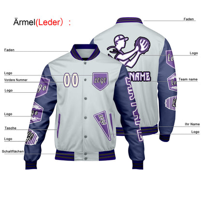 Maßgeschneiderte Grau Lila Letterman Varsity Jacket Individuelle Stickerei  Druck nach Ihrem Wunsch