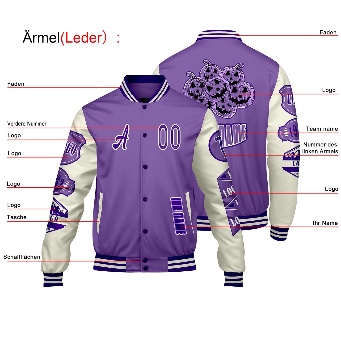 Maßgeschneiderte Lila Weiß Letterman Varsity Jacket Individuelle Stickerei  Druck nach Ihrem Wunsch