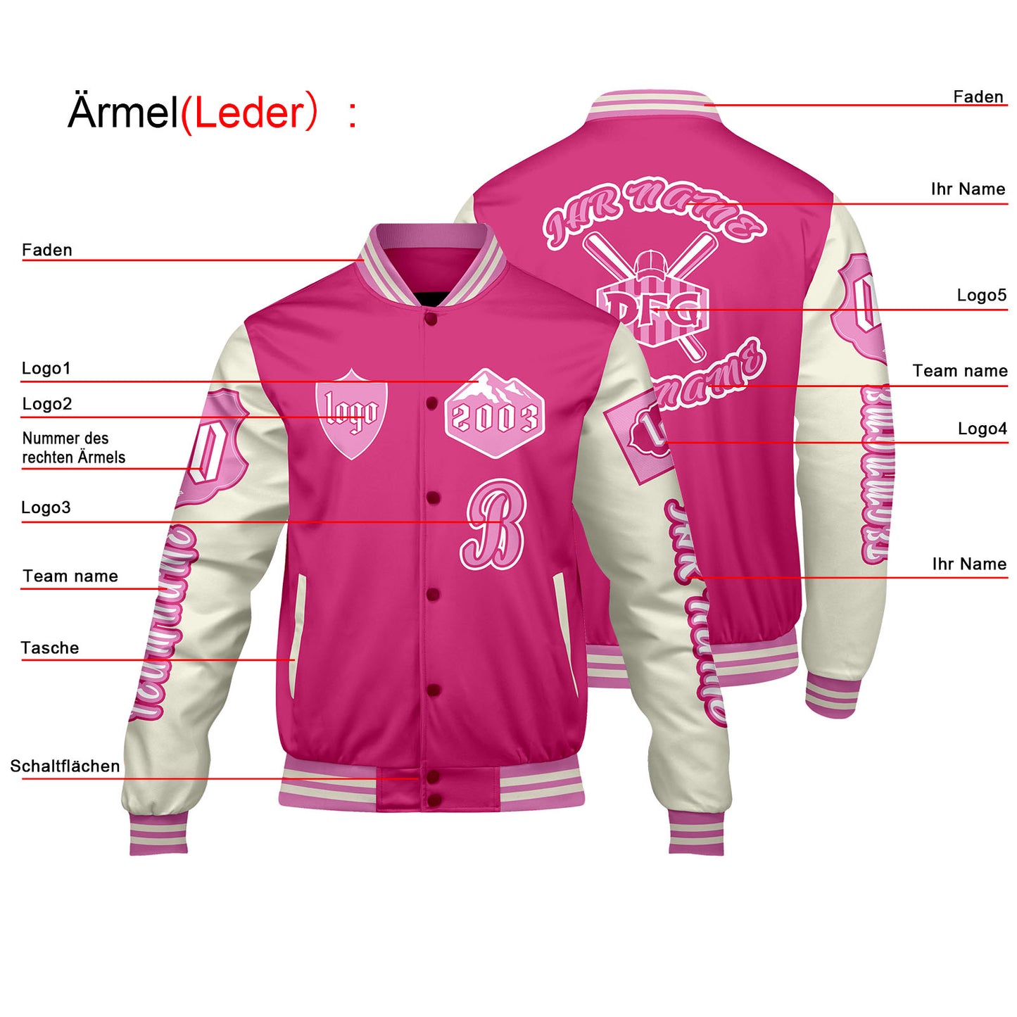 Maßgeschneiderte Rosa Weiß Letterman Varsity Jacket Individuelle Stickerei  Druck nach Ihrem Wunsch