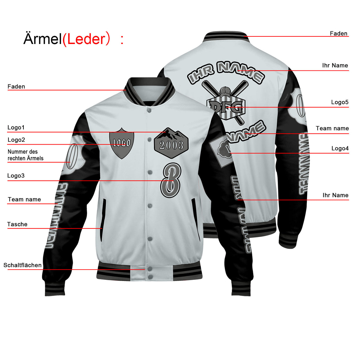 Maßgeschneiderte Grau Schwarz Letterman Varsity Jacket Individuelle Stickerei  Druck nach Ihrem Wunsch