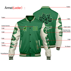 Maßgeschneiderte Grün Weiß Letterman Varsity Jacket Individuelle Stickerei  Druck nach Ihrem Wunsch