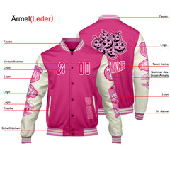 Maßgeschneiderte Rosa Weiß Letterman Varsity Jacket Individuelle Stickerei  Druck nach Ihrem Wunsch