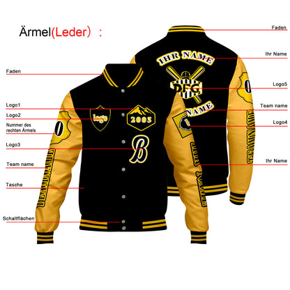 Maßgeschneiderte Schwarz Gelb Letterman Varsity Jacket Individuelle Stickerei  Druck nach Ihrem Wunsch