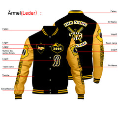Maßgeschneiderte Schwarz Gelb Letterman Varsity Jacket Individuelle Stickerei  Druck nach Ihrem Wunsch