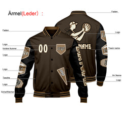 Maßgeschneiderte Braun Schwarz Letterman Varsity Jacket Individuelle Stickerei  Druck nach Ihrem Wunsch