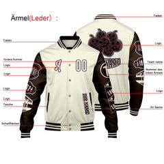 Maßgeschneiderte Weiß Braun Letterman Varsity Jacket Individuelle Stickerei  Druck nach Ihrem Wunsch