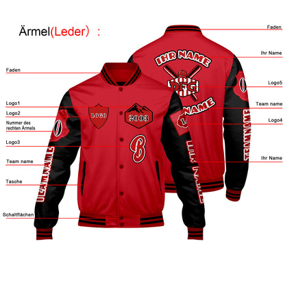 Maßgeschneiderte Rot Schwarz Letterman Varsity Jacket Individuelle Stickerei  Druck nach Ihrem Wunsch