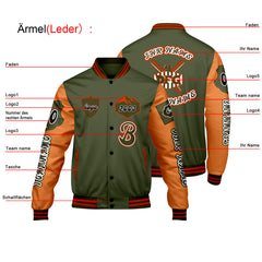 Maßgeschneiderte Olivengrün Orange Letterman Varsity Jacket Individuelle Stickerei  Druck nach Ihrem Wunsch
