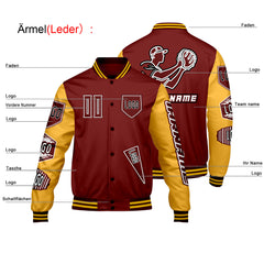 Maßgeschneiderte Rot Gelb Letterman Varsity Jacket Individuelle Stickerei  Druck nach Ihrem Wunsch