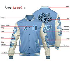 Maßgeschneiderte Blau Weiß Letterman Varsity Jacket Individuelle Stickerei  Druck nach Ihrem Wunsch