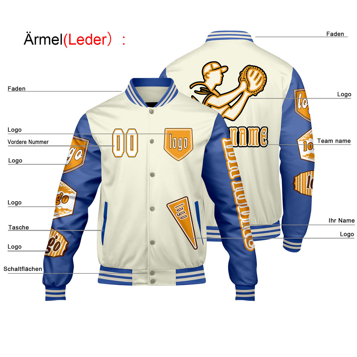 Maßgeschneiderte Weiß Hellblau Letterman Varsity Jacket Individuelle Stickerei  Druck nach Ihrem Wunsch