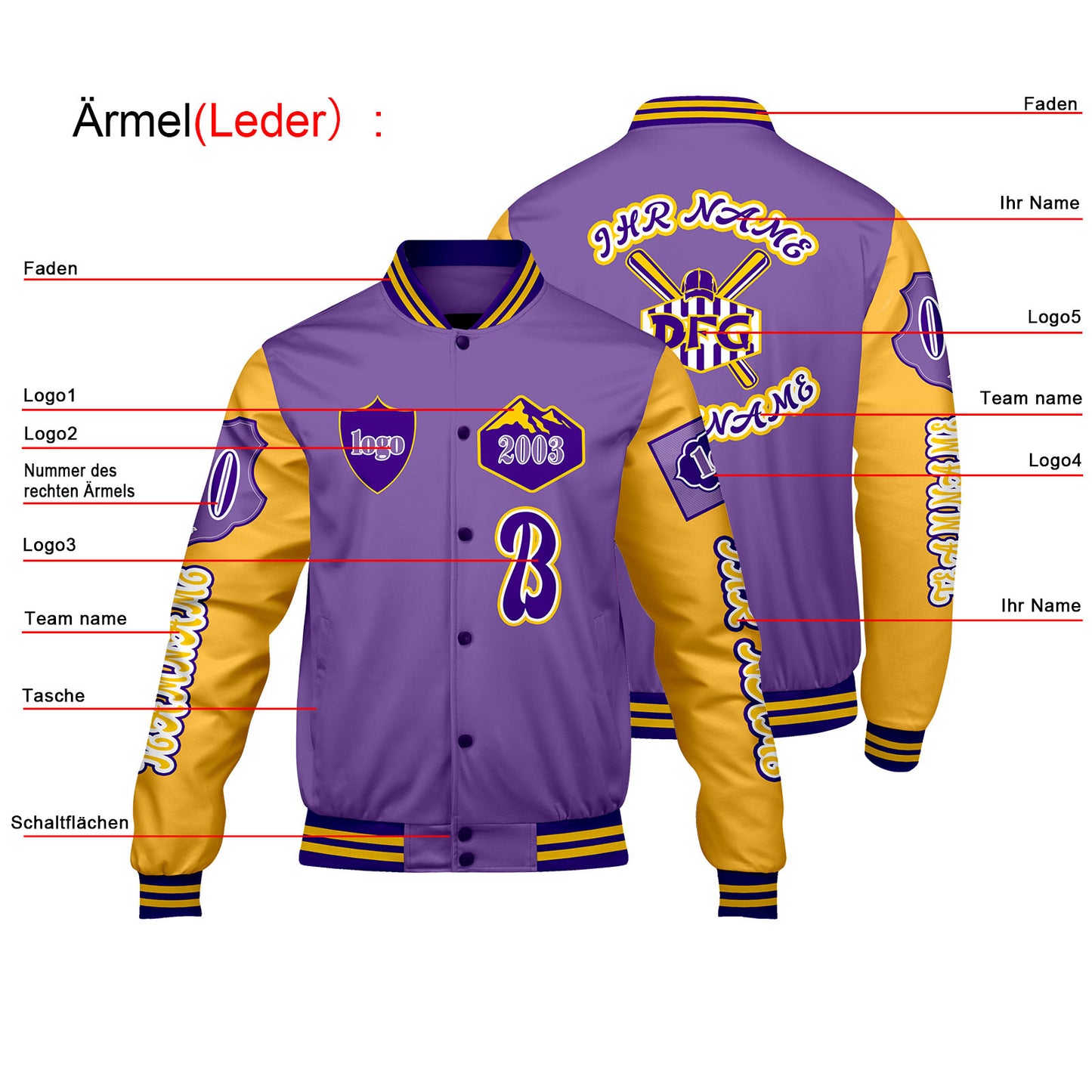 Maßgeschneiderte Lila Gelb Letterman Varsity Jacket Individuelle Stickerei  Druck nach Ihrem Wunsch