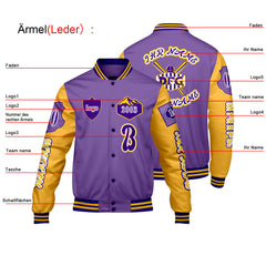 Maßgeschneiderte Lila Gelb Letterman Varsity Jacket Individuelle Stickerei  Druck nach Ihrem Wunsch