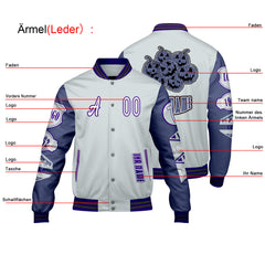 Maßgeschneiderte Grau Lila Letterman Varsity Jacket Individuelle Stickerei  Druck nach Ihrem Wunsch