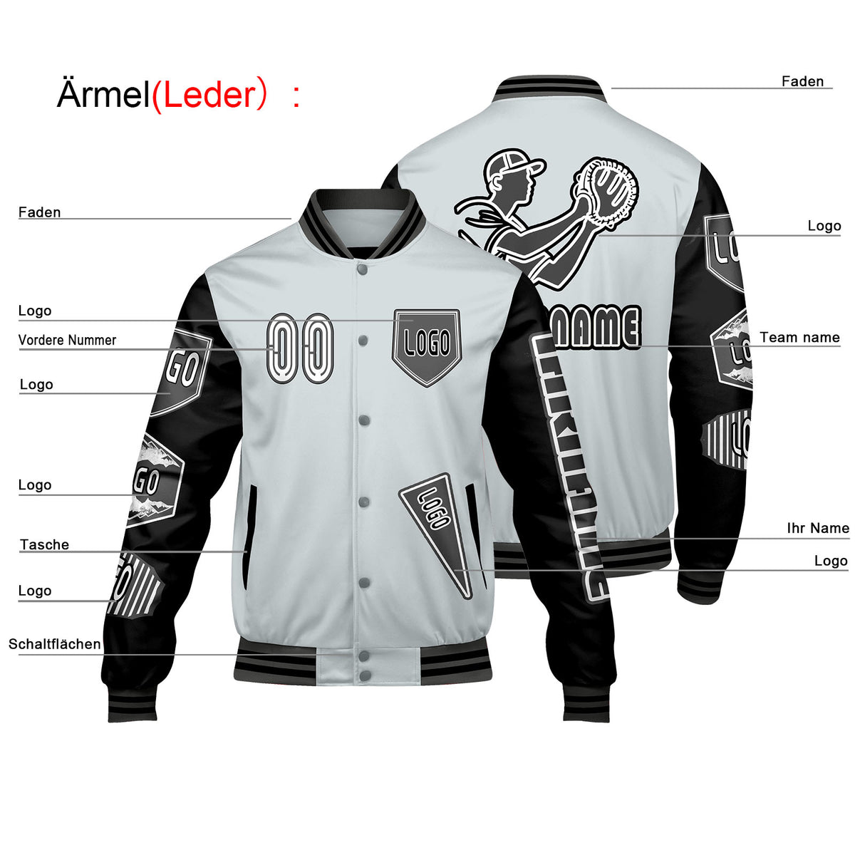 Maßgeschneiderte Grau Schwarz Letterman Varsity Jacket Individuelle Stickerei  Druck nach Ihrem Wunsch