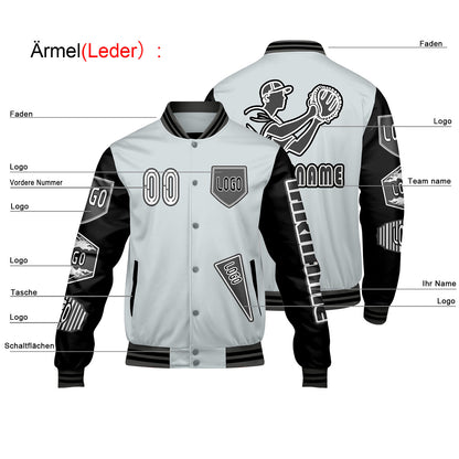 Maßgeschneiderte Grau Schwarz Letterman Varsity Jacket Individuelle Stickerei  Druck nach Ihrem Wunsch