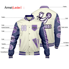Maßgeschneiderte Weiß Lila Letterman Varsity Jacket Individuelle Stickerei  Druck nach Ihrem Wunsch