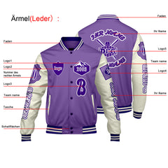 Maßgeschneiderte Lila Weiß Letterman Varsity Jacket Individuelle Stickerei  Druck nach Ihrem Wunsch