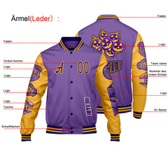 Maßgeschneiderte Lila Gelb Letterman Varsity Jacket Individuelle Stickerei  Druck nach Ihrem Wunsch