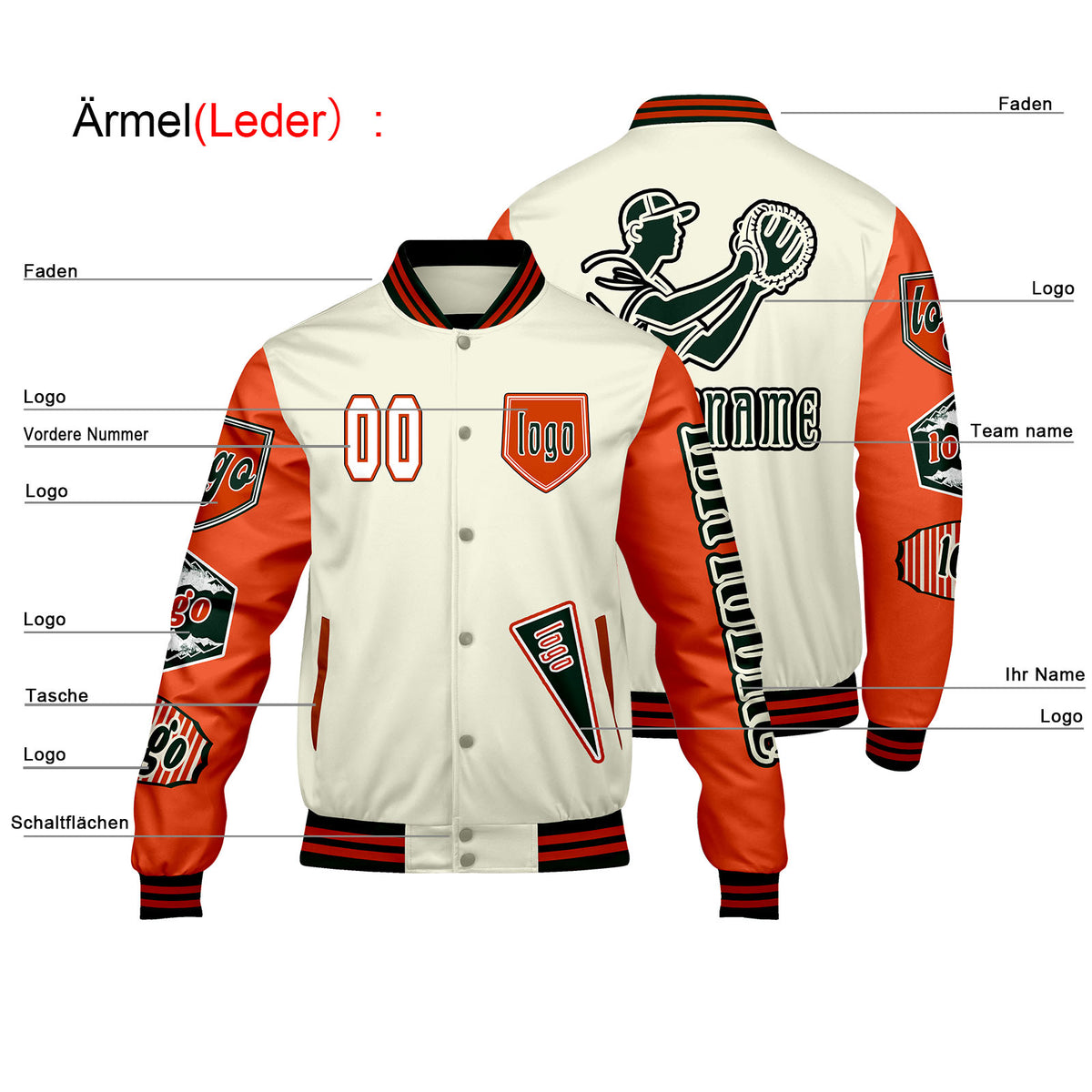 Maßgeschneiderte Weiß Orange Letterman Varsity Jacket Individuelle Stickerei  Druck nach Ihrem Wunsch