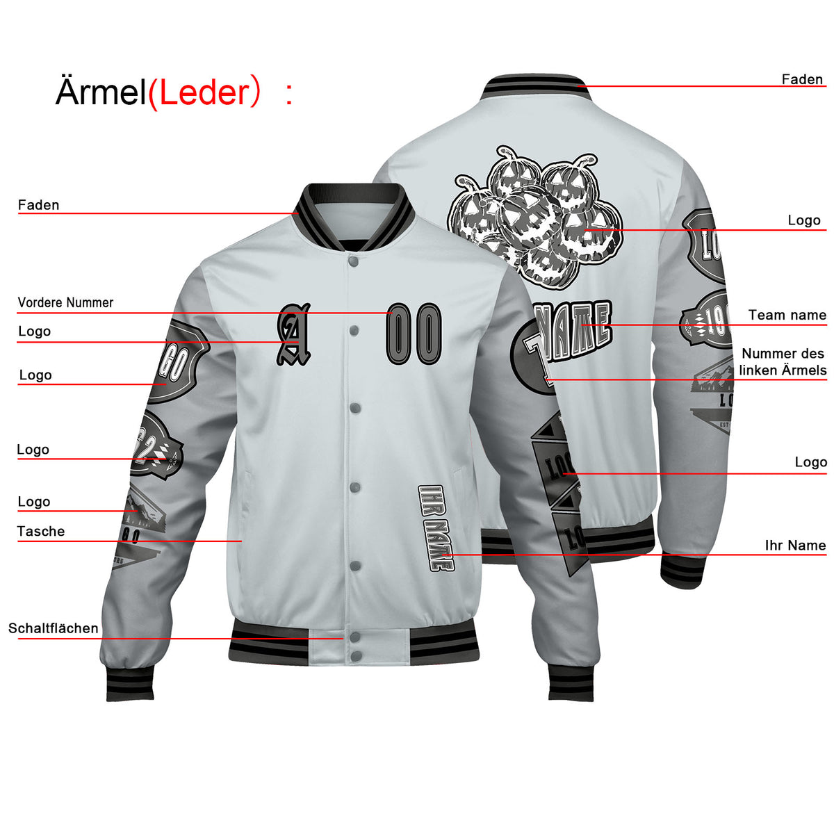 Maßgeschneiderte Grau Letterman Varsity Jacket Individuelle Stickerei  Druck nach Ihrem Wunsch