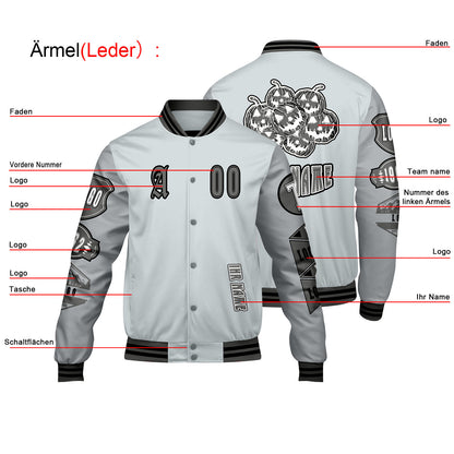 Maßgeschneiderte Grau Letterman Varsity Jacket Individuelle Stickerei  Druck nach Ihrem Wunsch