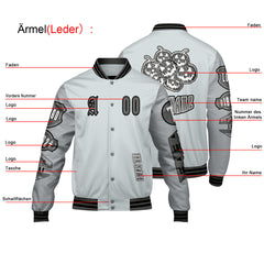 Maßgeschneiderte Grau Letterman Varsity Jacket Individuelle Stickerei  Druck nach Ihrem Wunsch