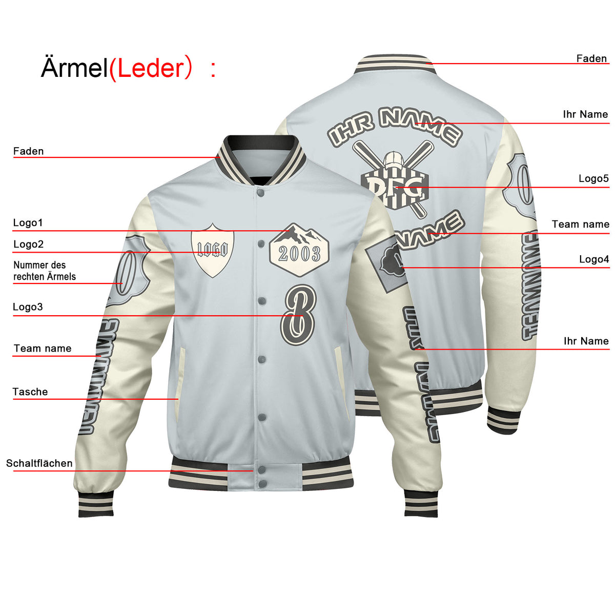 Maßgeschneiderte Grau Weiß Letterman Varsity Jacket Individuelle Stickerei  Druck nach Ihrem Wunsch