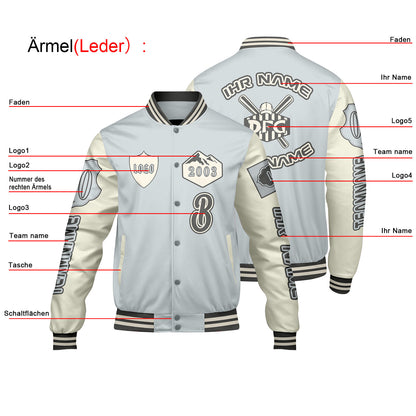 Maßgeschneiderte Grau Weiß Letterman Varsity Jacket Individuelle Stickerei  Druck nach Ihrem Wunsch
