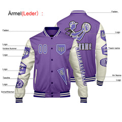 Maßgeschneiderte Lila Weiß Letterman Varsity Jacket Individuelle Stickerei  Druck nach Ihrem Wunsch