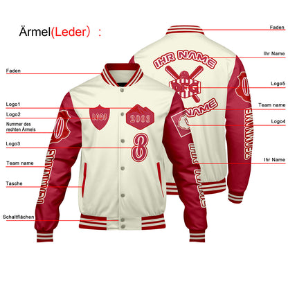 Maßgeschneiderte Weiß Rot Letterman Varsity Jacket Individuelle Stickerei  Druck nach Ihrem Wunsch
