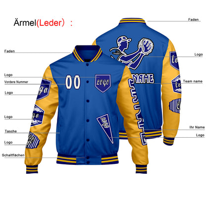 Maßgeschneiderte Blau Gelb Letterman Varsity Jacket Individuelle Stickerei  Druck nach Ihrem Wunsch