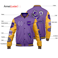 Maßgeschneiderte Lila Gelb Letterman Varsity Jacket Individuelle Stickerei  Druck nach Ihrem Wunsch